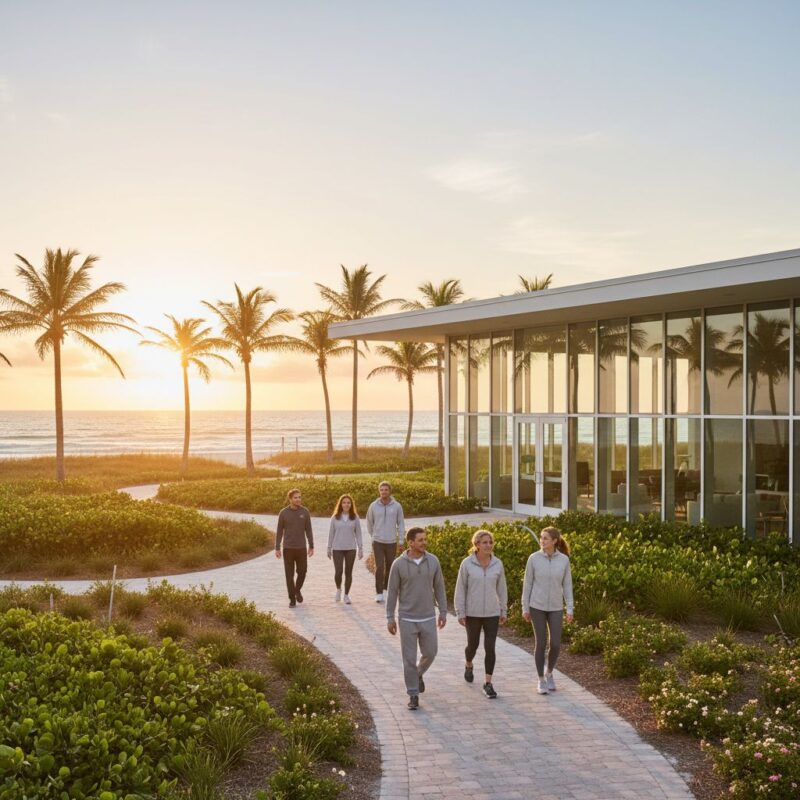 Serene exterior view of a Florida detox center at sunrise with diverse group approaching the entrance