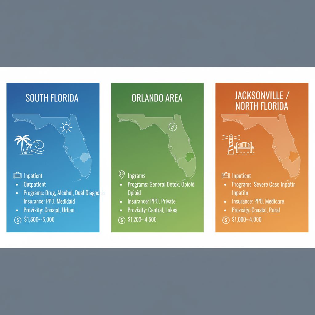 Infographic comparing key detox regions in Florida including South Florida, Orlando area, and Jacksonville/North Florida with program details, costs, and options.