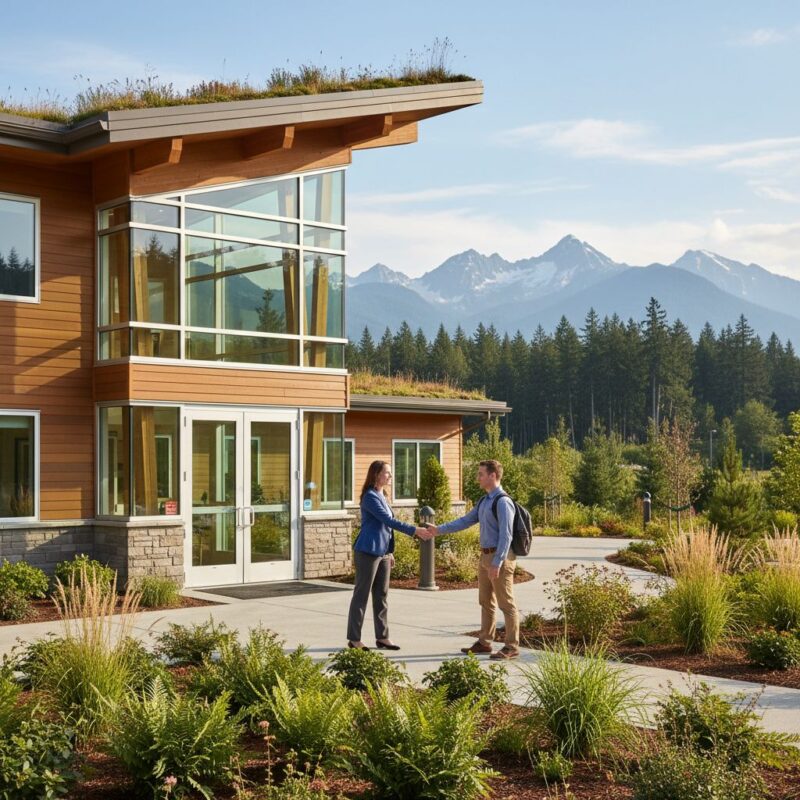 Exterior view of a welcoming modern clinic in Arlington, Washington, with a counselor greeting a client under sunny skies and evergreen surroundings.
