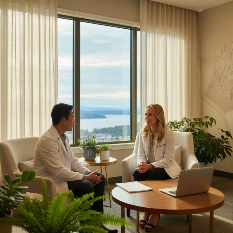 Diverse adult in outpatient detox consultation with counselor in modern Washington clinic, emphasizing supportive recovery environment.