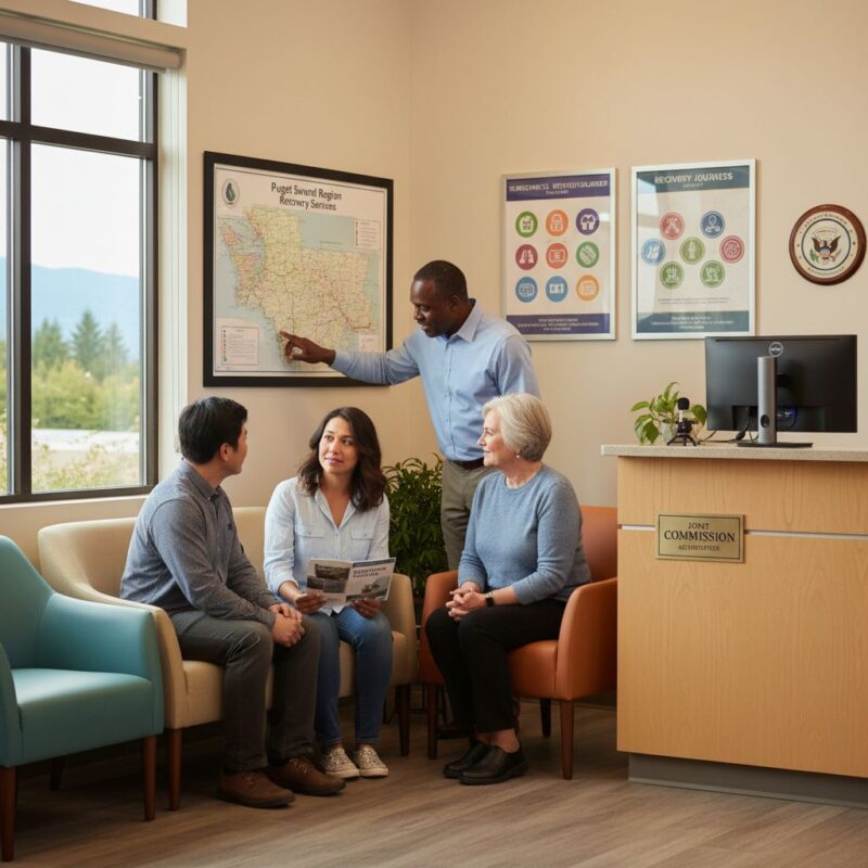 Diverse group of adults discussing recovery options with counselor in modern outpatient clinic waiting area
