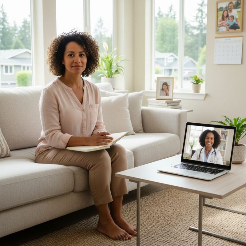 Diverse adult patient in home living room participating in outpatient detox via telehealth with counselor.
